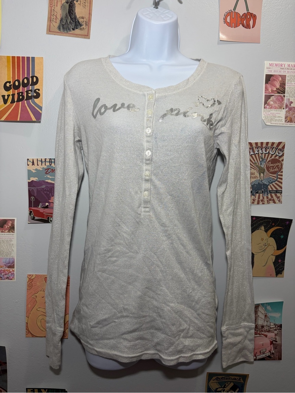PINK Victoria's Secret Long Sleeve Henley in Shimmery Cream